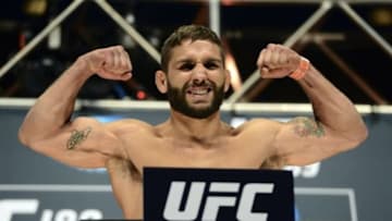 Jul 10, 2015; Las Vegas, NV, USA; Chad Mendes steps on the scale for his bout against Conor McGregor (not pictured) during weigh-ins for UFC 189 at MGM Grand Garden Arena. Mandatory Credit: Joe Camporeale-USA TODAY Sports