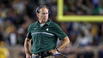 Sep 17, 2016; South Bend, IN, USA; Michigan State Spartans head coach Mark Dantonio stands on the field during the first half a game against the Notre Dame Fighting Irish at Notre Dame Stadium. Mandatory Credit: Mike Carter-USA TODAY Sports