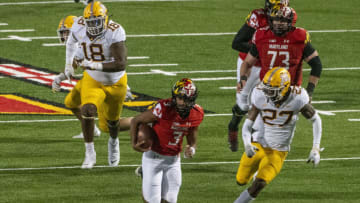Oct 30, 2020; College Park, Maryland, USA; Maryland Terrapins quarterback Taulia Tagovailoa (3) rushes during the first quarter against the Minnesota Golden Gophers at Capital One Field at Maryland Stadium. Mandatory Credit: Tommy Gilligan-USA TODAY Sports