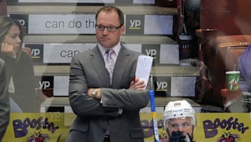 February 24, 2016; Anaheim, CA, USA; Buffalo Sabres head coach Dan Bylsma watches game action against Anaheim Ducks during the third period at Honda Center. Mandatory Credit: Gary A. Vasquez-USA TODAY Sports