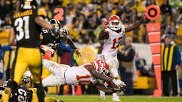 02 OCT 2016: Kansas City Chiefs Wide Receiver Tyreek Hill (10) dives for the end zone during the NFL Football game between the Kansas City Chiefs and Pittsburgh Steelers at Heinz Field in Pittsburgh, Pa. (Photo by Mark Alberti/ Icon Sportswire)