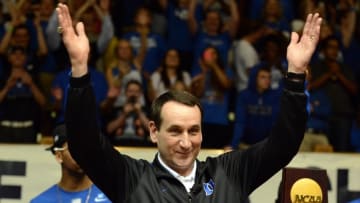 Apr 7, 2015; Durham, NC, USA; Duke Blue Devils head coach Mike Krzyzewski greets the crowd during a welcome home ceremony at Cameron Indoor Stadium. Mandatory Credit: Rob Kinnan-USA TODAY Sports