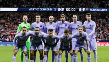MADRID, SPAIN - OCTOBER 2: teamphoto of FC Barcelona (L-R) Marc Andre ter Stegen of FC Barcelona, Nico Gonzalez of FC Barcelona, Oscar Mingueza of FC Barcelona, Ronald Araujo of FC Barcelona, Sergio Busquets of FC Barcelona, Gerard Pique of FC Barcelona, Sergino Dest of FC Barcelona, Memphis Depay of FC Barcelona, Philippe Coutinho of FC Barcelona, Pablo Martin Paez Gavi of FC Barcelona, Frenkie de Jong of FC Barcelona during the La Liga Santander match between Atletico Madrid v FC Barcelona at the Estadio Wanda Metropolitano on October 2, 2021 in Madrid Spain (Photo by David S. Bustamante/Soccrates/Getty Images)