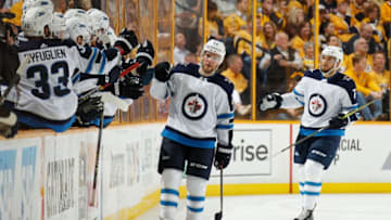 NASHVILLE, TN - APRIL 27: Paul Stastny #25 of the Winnipeg Jets celebrates his goal with the bench against the Nashville Predators in Game One of the Western Conference Second Round during the 2018 NHL Stanley Cup Playoffs at Bridgestone Arena on April 27, 2018 in Nashville, Tennessee. (Photo by John Russell/NHLI via Getty Images)