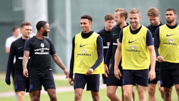 SAINT PETERSBURG, RUSSIA - JUNE 21: Raheem STerling, Trent Alexander-Arnold, Harry Kane and Jordan Henderson in action during the England training session on June 21, 2018 in Saint Petersburg, Russia. (Photo by Alex Morton/Getty Images)