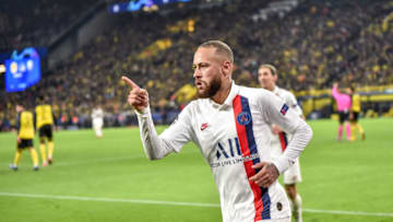 DORTMUND, GERMANY - FEBRUARY 18: Neymar of Paris Saint Germain celebrates scoring a goal during the UEFA Champions League round of 16 first leg match between Borussia Dortmund and Paris Saint-Germain at Signal Iduna Park on February 18, 2020 in Dortmund, Germany. (Photo by PressFocus/MB Media/Getty Images)