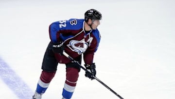 Oct 15, 2016; Denver, CO, USA; Colorado Avalanche defenseman Francois Beauchemin (32) controls the puck in the second period against Dallas Stars at the Pepsi Center. Mandatory Credit: Isaiah J. Downing-USA TODAY Sports