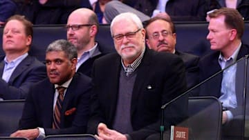 Jan 28, 2015; New York, NY, USA; New York Knicks president Phil Jackson watches a game against the Oklahoma City Thunder during the second quarter at Madison Square Garden. Mandatory Credit: Brad Penner-USA TODAY Sports