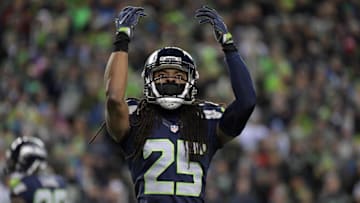 January 7, 2017; Seattle, WA, USA; Seattle Seahawks cornerback Richard Sherman (25) rallies the crowd for noise against the Detroit Lions during the first half in the NFC Wild Card playoff football game at CenturyLink Field. Mandatory Credit: Kirby Lee-USA TODAY Sports