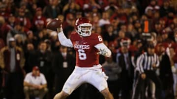 Nov 21, 2015; Norman, OK, USA; Oklahoma Sooners quarterback Baker Mayfield (6) throws during the first half against the TCU Horned Frogs at Gaylord Family - Oklahoma Memorial Stadium. Mandatory Credit: Kevin Jairaj-USA TODAY Sports