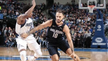 DALLAS, TX - JANUARY 9: Evan Fournier #10 of the Orlando Magic handles the ball against the Dallas Mavericks on January 9, 2018 at the American Airlines Center in Dallas, Texas. Copyright 2018 NBAE (Photo by Glenn James/NBAE via Getty Images)