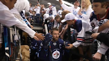 WINNIPEG, MB - MAY 20: Blake Wheeler #26 of the Winnipeg Jets hits the ice for the pre-game warm up prior to NHL action against the Vegas Golden Knights in Game Five of the Western Conference Final during the 2018 NHL Stanley Cup Playoffs at the Bell MTS Place on May 20, 2018 in Winnipeg, Manitoba, Canada. (Photo by Darcy Finley/NHLI via Getty Images)