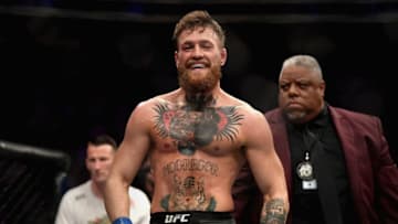LAS VEGAS, NV - OCTOBER 06: Conor McGregor of Ireland laughs after the first round against Khabib Nurmagomedov of Russia in their UFC lightweight championship bout during the UFC 229 event inside T-Mobile Arena on October 6, 2018 in Las Vegas, Nevada. (Photo by Harry How/Getty Images)