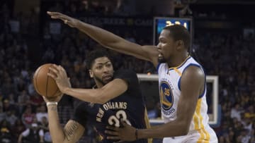 November 7, 2016; Oakland, CA, USA; New Orleans Pelicans forward Anthony Davis (23) is defended by Golden State Warriors forward Kevin Durant (35) during the second quarter at Oracle Arena. Mandatory Credit: Kyle Terada-USA TODAY Sports