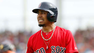 FORT MYERS, FLORIDA - FEBRUARY 27: Mookie Betts #50 of the Boston Red Sox reacts after striking out in the third inning against the Baltimore Orioles during the Grapefruit League spring training game at JetBlue Park at Fenway South on February 27, 2019 in Fort Myers, Florida. (Photo by Michael Reaves/Getty Images)