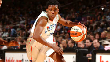 NEW YORK - AUGUST 5: Crystal Robinson #3 of the New York Liberty drives against the San Antonio Silver Stars August 5, 2003 at Madison Square Garden in New York City, New York. NOTE TO USER: User expressly acknowledges and agrees that, by downloading and or using this photograph, User is consenting to the terms and conditions of the Getty Images License Agreement. (Photo by Jesse D. Garrabrant/WNBAE via Getty Images)