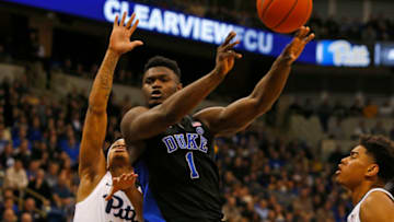PITTSBURGH, PA - JANUARY 22: Zion Williamson #1 of the Duke Blue Devils makes a pass against the Pittsburgh Panthers at Petersen Events Center on January 22, 2019 in Pittsburgh, Pennsylvania. (Photo by Justin K. Aller/Getty Images)