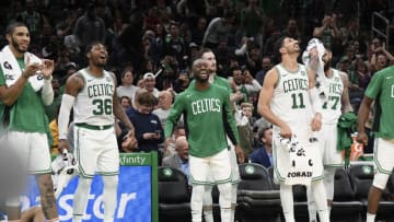 BOSTON, MA - OCTOBER 6: The Boston Celtics bench smiles during the game against the Charlotte Hornets on October 6, 2019 at the TD Garden in Boston, Massachusetts. NOTE TO USER: User expressly acknowledges and agrees that, by downloading and or using this photograph, User is consenting to the terms and conditions of the Getty Images License Agreement. Mandatory Copyright Notice: Copyright 2019 NBAE (Photo by Brian Babineau/NBAE via Getty Images)