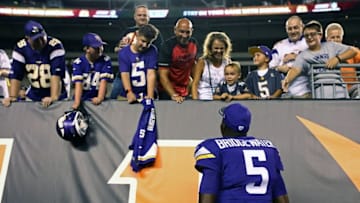 Aug 12, 2016; Cincinnati, OH, USA; Minnesota Vikings quarterback Teddy Bridgewater (5) greets fans after a game against the Cincinnati Bengals in a preseason NFL football game at Paul Brown Stadium. The Vikings won 17-16. Mandatory Credit: Aaron Doster-USA TODAY Sports