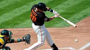 Mar 21, 2016; Scottsdale, AZ, USA; San Francisco Giants catcher Buster Posey (28) grounds out in the third inning against the Oakland Athletics at Scottsdale Stadium. Mandatory Credit: Matt Kartozian-USA TODAY Sports