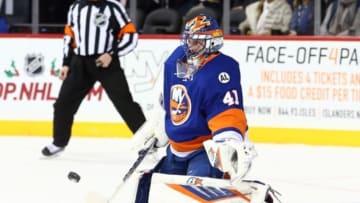 Dec 2, 2015; Brooklyn, NY, USA; New York Islanders goalie Jaroslav Halak (41) makes a save against the New York Rangers during the first period at Barclays Center. Mandatory Credit: Brad Penner-USA TODAY Sports
