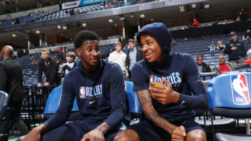 MEMPHIS, TN - JANUARY 20: Jaren Jackson Jr. #13 of the Memphis Grizzlies and Ja Morant #12 of the Memphis Grizzlies look on prior to a game against the New Orleans Pelicans on January 20, 2020 at FedExForum in Memphis, Tennessee. NOTE TO USER: User expressly acknowledges and agrees that, by downloading and or using this photograph, User is consenting to the terms and conditions of the Getty Photo by Joe Murphy/NBAE via Getty Images