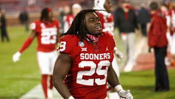 Nov 21, 2020; Norman, Oklahoma, USA; Oklahoma Sooners running back Rhamondre Stevenson (29) reacts after the game against the Oklahoma State Cowboys at Gaylord Family-Oklahoma Memorial Stadium. Mandatory Credit: Kevin Jairaj-USA TODAY Sports