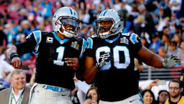 SANTA CLARA, CA - FEBRUARY 07: Cam Newton #1 of the Carolina Panthers and Daryl Williams #60 react prior to Super Bowl 50 against the Denver Broncos at Levi's Stadium on February 7, 2016 in Santa Clara, California. (Photo by Kevin C. Cox/Getty Images)