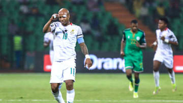 Ghana's forward Andre Ayew (L) reacts during the Group C Africa Cup of Nations (CAN) 2021 football match between Ghana and Comoros at Stade Roumde Adjia in Garoua on January 18, 2022. (Photo by Daniel BELOUMOU OLOMO / AFP) (Photo by DANIEL BELOUMOU OLOMO/AFP via Getty Images)