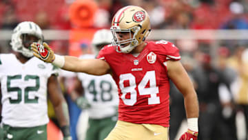 SANTA CLARA, CA - DECEMBER 11: Blake Bell #84 of the San Francisco 49ers reacts after a play against the New York Jets during their NFL game at Levi's Stadium on December 11, 2016 in Santa Clara, California. (Photo by Ezra Shaw/Getty Images)