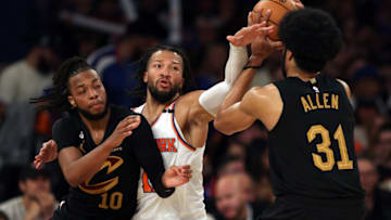 NEW YORK, NEW YORK - APRIL 21: Jarrett Allen #31 of the Cleveland Cavaliers is fouled by Jalen Brunson #11 of the New York Knicks during game three of the Eastern Conference playoffs at Madison Square Garden on April 21, 2023 in New York City. (Photo by Jamie Squire/Getty Images)