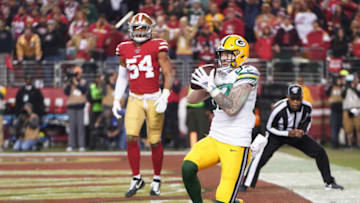 SANTA CLARA, CALIFORNIA - JANUARY 19: Jace Sternberger #87 of the Green Bay Packers catches a pass for a touchdown against the San Francisco 49ers during the second half of the NFC Championship game at Levi's Stadium on January 19, 2020 in Santa Clara, California. (Photo by Thearon W. Henderson/Getty Images)