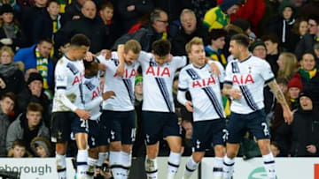 NORWICH, ENGLAND - FEBRUARY 02: Harry Kane (3rd L) of Tottenham Hotspur celebrates scoring his team's second goal with his team mates during the Barclays Premier League match between Norwich City and Tottenham Hotspur at Carrow Road on February 2, 2016 in Norwich, England. (Photo by Tony Marshall/Getty Images)