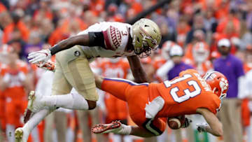 CLEMSON, SC - NOVEMBER 11: Hunter Renfrow #13 of the Clemson Tigers tries to make a catch against Derwin James #3 of the Florida State Seminoles during their game at Memorial Stadium on November 11, 2017 in Clemson, South Carolina. (Photo by Streeter Lecka/Getty Images)