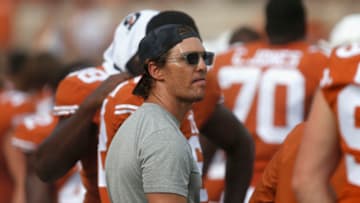 AUSTIN, TX - OCTOBER 13: Matthew McConaughey watches from the sideline in the first half against the Baylor Bears at Darrell K Royal-Texas Memorial Stadium on October 13, 2018 in Austin, Texas. (Photo by Tim Warner/Getty Images)