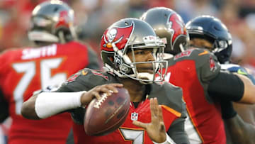 Nov 27, 2016; Tampa, FL, USA; Tampa Bay Buccaneers quarterback Jameis Winston (3) drops to throw a pass before being flushed out of the pocket during the second quarter of an NFL football game against the Seattle Seahawks at Raymond James Stadium. Mandatory Credit: Reinhold Matay-USA TODAY Sports