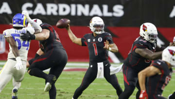 GLENDALE, ARIZONA - DECEMBER 06: Quarterback Kyler Murray #1 of the Arizona Cardinals looks to pass during the second half against the Los Angeles Rams at State Farm Stadium on December 06, 2020 in Glendale, Arizona. (Photo by Christian Petersen/Getty Images)