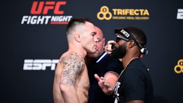 LAS VEGAS, NEVADA - SEPTEMBER 18: In this handout image provided by UFC,(L-R) Colby Covington and Tyron Woodley face off during the UFC Fight Night weigh-in at UFC APEX on September 18, 2020 in Las Vegas, Nevada. (Photo by Chris Unger/Zuffa LLC via Getty Images)