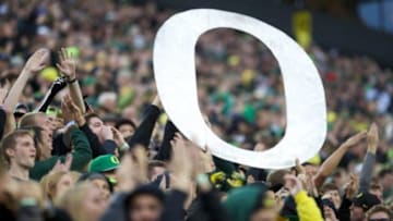 Nov 1, 2014; Eugene, OR, USA; Oregon Ducks fans celebrate against the Stanford Cardinal at Autzen Stadium. Mandatory Credit: Scott Olmos-USA TODAY Sports