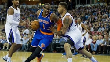 Mar 26, 2014; Sacramento, CA, USA; Sacramento Kings forward Royce White (35) is called for a foul against New York Knicks forward Amar