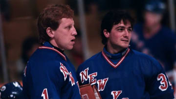 Glen Hanlon #1 and John Vanbiesbrouck #34 of the New York Rangers (Photo by Graig Abel Collection/Getty Images)