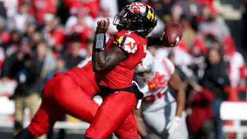 COLLEGE PARK, MD - NOVEMBER 17: Tyrrell Pigrome #3 of the Maryland Terrapins throws against the Ohio State Buckeyes during the first half at Capital One Field on November 17, 2018 in College Park, Maryland. (Photo by Will Newton/Getty Images)