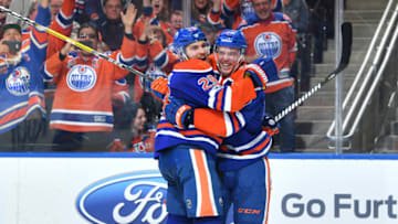 EDMONTON, AB - APRIL 9: Connor McDavid and Leon Draisaitl. (Photo by Andy Devlin/NHLI via Getty Images)