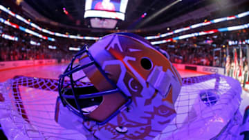 SUNRISE, FL - APRIL 6: Goaltender Roberto Luongo #1 of the Florida Panthers helmet at the ready prior to the puck drop against the New Jersey Devils at the BB&T Center on April 6, 2019 in Sunrise, Florida. (Photo by Eliot J. Schechter/NHLI via Getty Images)