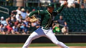 MESA, ARIZONA - MARCH 05: Jesus Luzardo #44 of the Oakland Athletics delivers a pitch during the spring training game against the Texas Rangers at HoHoKam Stadium on March 05, 2019 in Mesa, Arizona. (Photo by Jennifer Stewart/Getty Images)