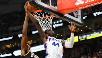 SALT LAKE CITY, UTAH - NOVEMBER 16: Paul Reed #44 of the Philadelphia 76ers in action in the second half during a game against the Utah Jazz at Vivint Smart Home Arena on November 16, 2021 in Salt Lake City, Utah. NOTE TO USER: User expressly acknowledges and agrees that, by downloading and or using this photograph, User is consenting to the terms and conditions of the Getty Images License Agreement. (Photo by Alex Goodlett/Getty Images)