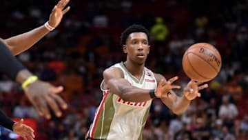 Nov 15, 2016; Miami, FL, USA; Miami Heat guard Josh Richardson (0) is pressured by Atlanta Hawks during the first half at American Airlines Arena. Mandatory Credit: Steve Mitchell-USA TODAY Sports