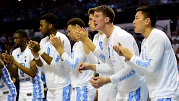 CHARLOTTE, NC - MARCH 18: The North Carolina Tar Heels bench reacts against the Texas A&M Aggies during the second round of the 2018 NCAA Men's Basketball Tournament at Spectrum Center on March 18, 2018 in Charlotte, North Carolina. (Photo by Jared C. Tilton/Getty Images)