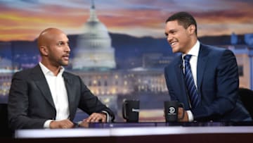 NEW YORK, NY - NOVEMBER 08: Actor Keegan-Michael Key (L) and host Trevor Noah on 'The Daily Show with Trevor Noah' LIVE one-hour Democalypse 2016 Election Night special on November 8, 2016 in New York City. (Photo by Jason Kempin/Getty Images for Comedy Central)