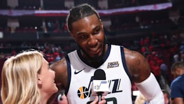 HOUSTON, TX - MAY 2: Jae Crowder #99 of the Utah Jazz speaks with the media after the game against the Houston Rockets in Game Two of Round Two of the 2018 NBA Playoffs on May 2, 2018 at the Toyota Center in Houston, Texas. Copyright 2018 NBAE (Photo by Bill Baptist/NBAE via Getty Images)